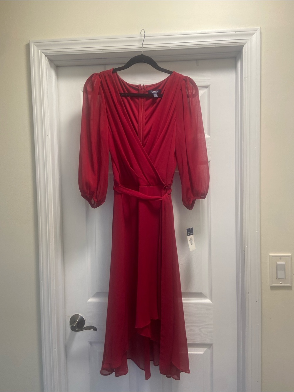 Chaps Red High-Low Wrap Chiffon Dress with Puff Sleeves